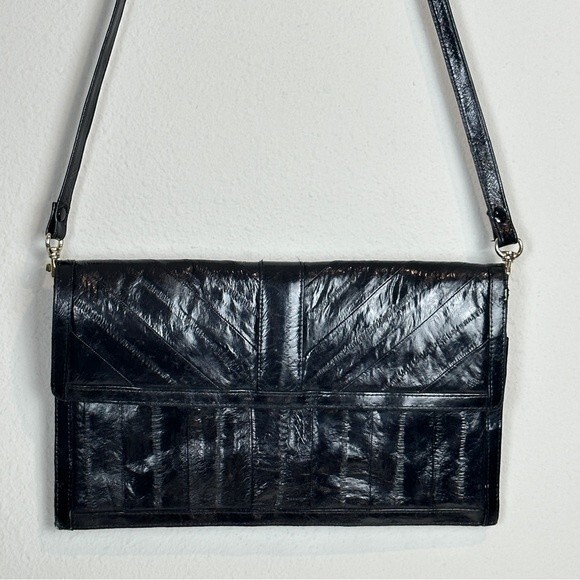 Vintage Black Eel Skin Leather 90s Convertible Shoulder Bag Clutch - Picture 2 of 8